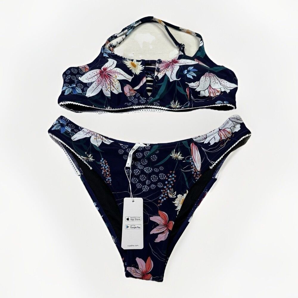 Cupshe Floral Bikini Set XL Navy Tropical 2-Piece Swimsuit NWT Summer